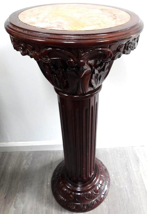 Marble inlaid column/pedestal stand: Marble inlaid column/pedestal stand,36"T and 14.5" diameter flat top with 15.5" at widest with edge, see photos for some wear due to age/use