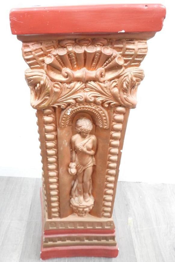 Decorative pedestal with red top and a classical design: Decorative pedestal with red top and a classical design, 28.5" tall, and 8.25" wide on top