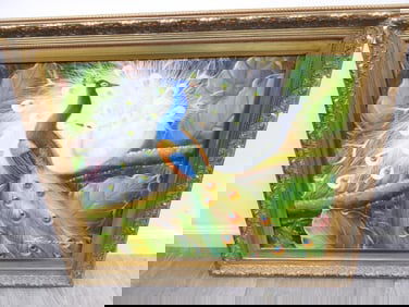 Large colorful signed peacock canvas artwork, framed