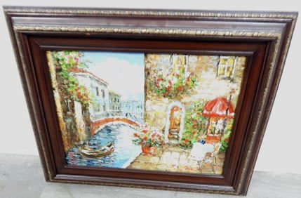 Italian street scenic framed, signed oil painting