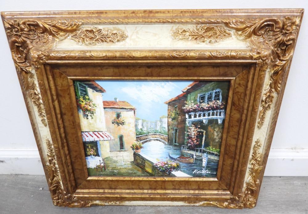 Framed painting on canvas, P. Hunter signed: Framed painting on canvas, P. Hunter signed, in 15.25" x 17" frame, see photos for design and signature