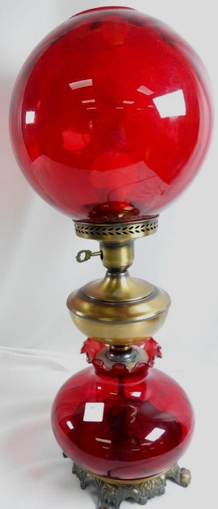 Antique Victorian-style ruby red glass electric gone with the wind lamp: Vintage Victorian-style ruby red glass electric lamp, 24.5" tall, and 8" wide at widest part, tested with light bulb and works