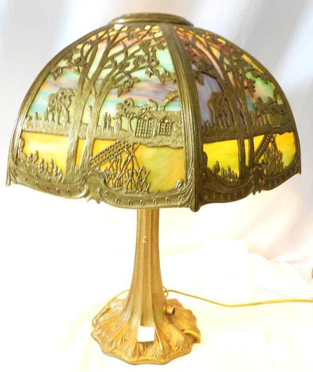 Antique slag glass table lamp, likely from early 20th century: Antique slag glass table lamp, likely from early 20th century, 19" tall, 17" diameter shade, and 7" diameter base, heavy, tested with light bulb and works