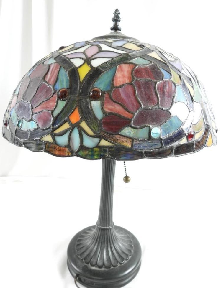 Tiffany-Style stained-glass table lamp: Tiffany-Style stained-glass table lamp, 22"tall, 15.5" diameter shade, 7" diameter base, dual light-bulb , tested and works, double bulb and tested and works