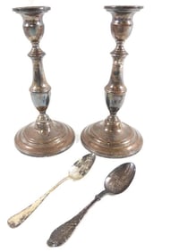 LOT OF Sterling Silver candlesticks, weighted reinforced N98 and spoons