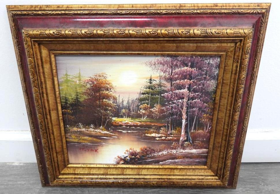 T. Jack signed oil painting landscape, framed: T. Jack signed oil painting landscape, framed in 13" x 15" frame, see photos for artwork and signature