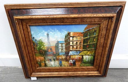 Framed oil painting of cityscape on canvas, framed