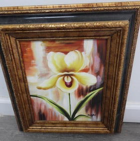 Framed painting of a yellow slipper orchid, signed Knight