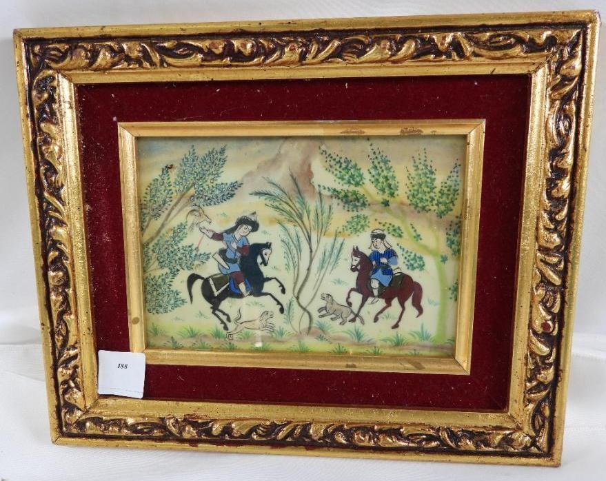 Framed miniature Persian-like painting: Framed miniature Persian-like painting, in 8.5" x 10.5" frame with velvet red mat, see photos for artwork and some markings due to age/use