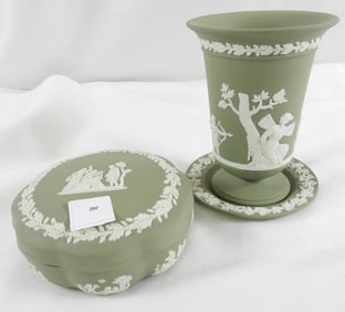 Wedgwood Jasperware pottery with lidded box and vase with saucer