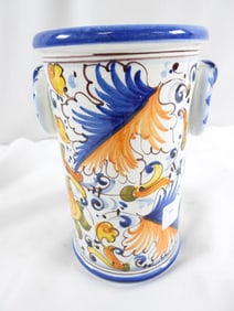 Blue and yellow ceramic utensil holder, made in Italy