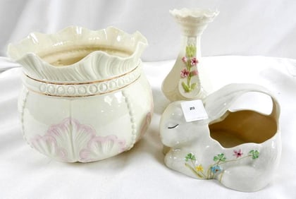 LOT OF 3 BELLEEK pottery including vase, basket and bowl