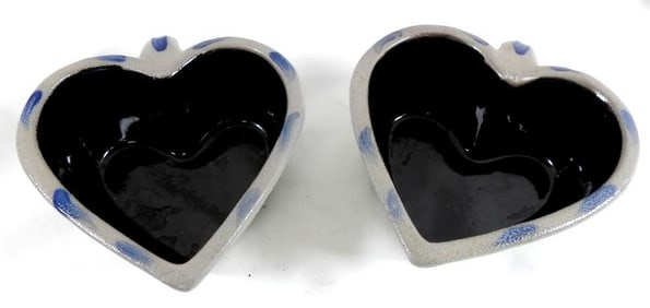 Set of two Rowe Pottery Works salt-glazed stoneware heart-shaped baking dishes, 1999