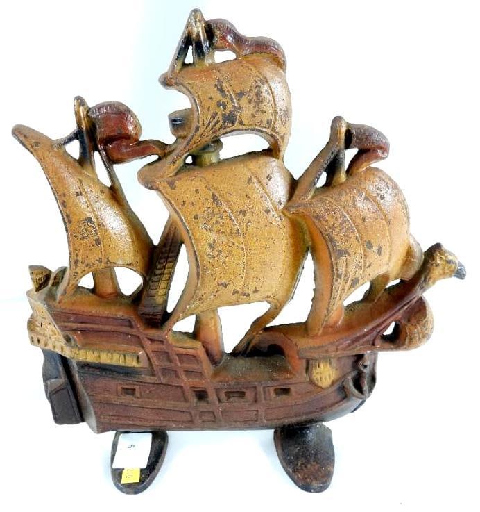 Vintage cast-iron ship doorstop, heavy: Vintage cast-iron ship doorstop, heavy, 11.75"T x 11"L