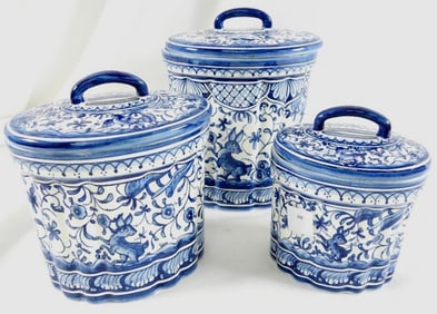 Set of 3 Portuguese hand painted blue and white kitchen canisters