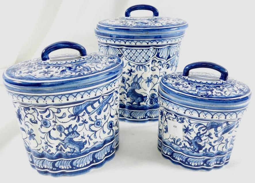 Set of 3 Portuguese hand painted blue and white kitchen canisters: Set of 3 Portuguese hand painted blue and white kitchen canisters, hand painted, lead free, dishwasher and microwave safe, ranging in length from 4.5" to 7" long and height from 6.5" to 9" tall