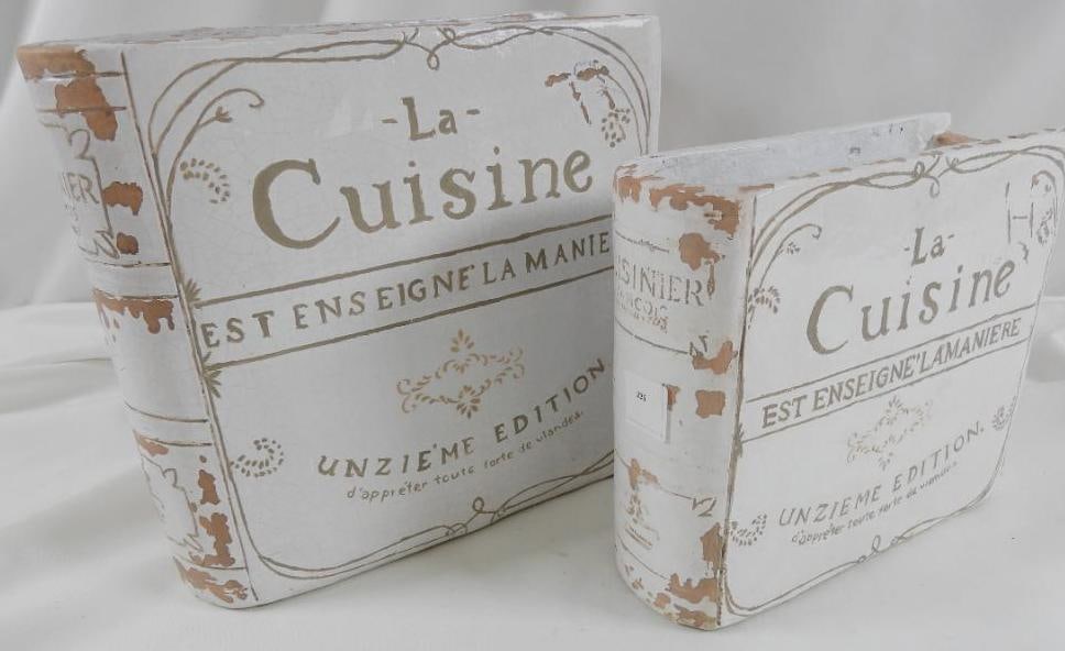 "Cuisinier Rancois" kitchen utensil holders or planters: "Cuisinier Rancois" (referencing 17th-century cookbook) kitchen utensil holders or could be used as planters, 10"Tx10.5"Lx3.5"W and 8"Tx9"Lx3"W