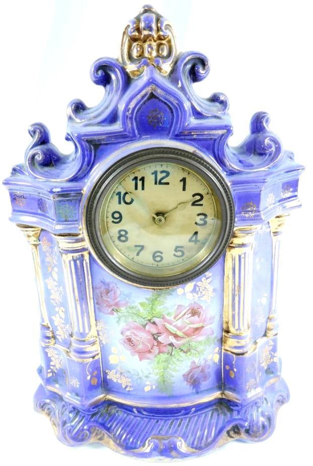 Porcelain mantle clock, made in England, with gold gilt finish and painted roses: Porcelain mantle clock, made in England, with gold gilt finish and painted roses, 15.5"T x 11.5"L x 4.75"W