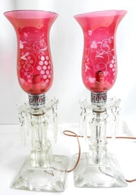 Pair of vintage cranberry etched glass hurricane-style electric lamps