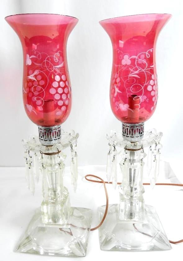 Pair of vintage cranberry etched glass hurricane-style electric lamps: Pair of vintage cranberry etched glass hurricane-style electric lamps, 17.75"T x 5.75"W bases