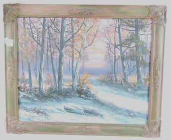 Framed oil painting of winter landscape, signed and dated. V. Shearer, 1946