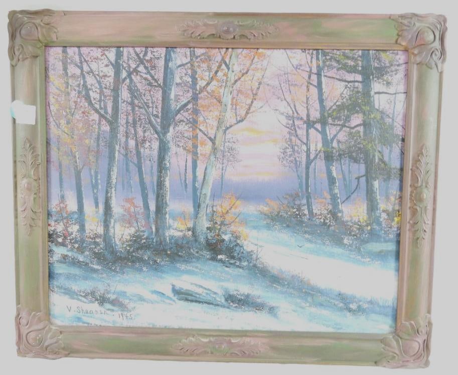 Framed oil painting of winter landscape, signed and dated. V. Shearer, 1946: Framed oil painting of winter landscape, signed and dated. V. Shearer, 1946, see photos for art and signature and date, in 19.5" x 23.25" frame