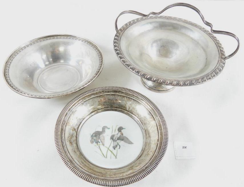 LOT OF 3: Hamilton bowl, silver plated surrounded small duck plate, and sterling reinforced w/: LOT OF 3: Hamilton bowl, silver plated surrounded small duck plate, and sterling reinforced w/ cement bowl, see photos for designs and markings