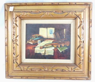 Framed still life oil painting of a violin, music sheet and books, signed