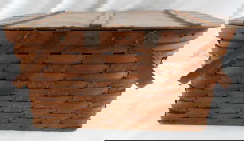 Large vintage woven wood picnic basket with hinged lid, handles and insert