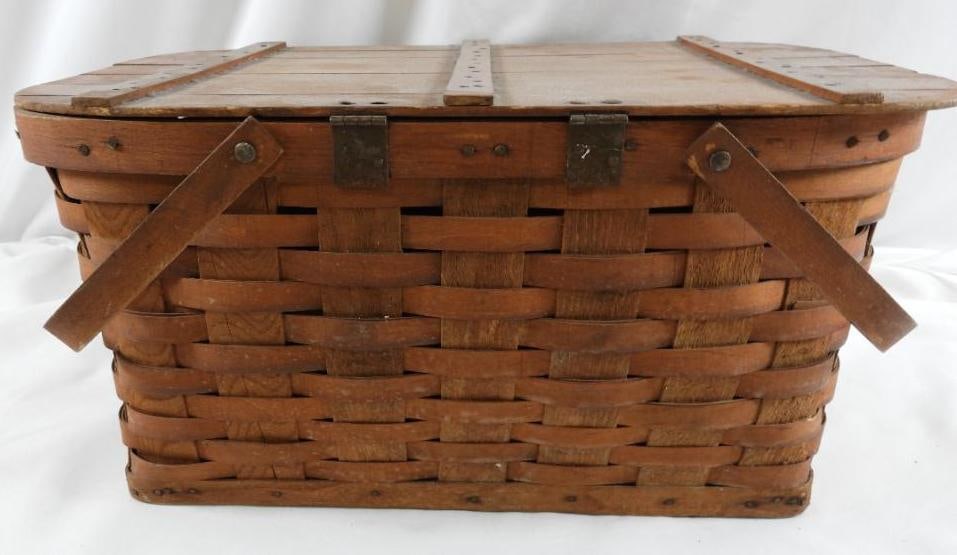 Large vintage woven wood picnic basket with hinged lid, handles and insert: Large vintage woven wood picnic basket with hinged lid, handles and insert, see photos for wear including minor cut in lid, 10"T, x 20.5"L x 12.75"W