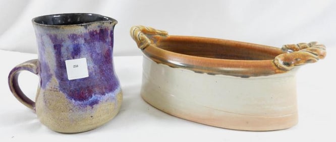 Lot of two handmade art pottery pieces including pitcher and bowl