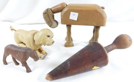LOT OF 4 vintage wooden pieces including three animals, one copyright 1927