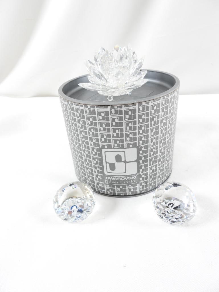 LOT OF 3 SWAROVSKI CRYSTAL: lotus flower candleholder and two paperweights: LOT OF 3 SWAROVSKI CRYSTAL: lotus flower candleholder, 3"x2", and two 1.5" paperweights