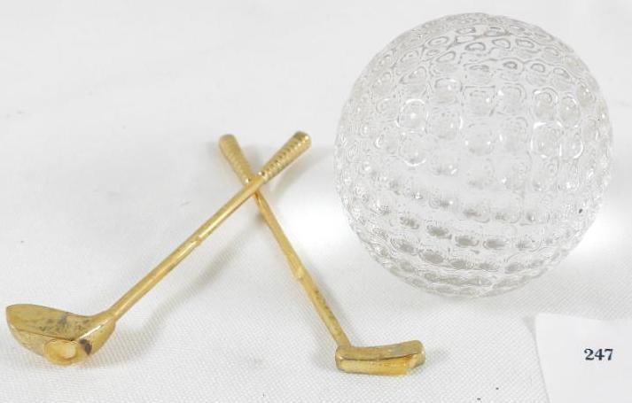 Clear Glass 2" Golf Ball Paperweight and golf clubs: Clear Glass 2" Golf Ball Paperweight and golf clubs