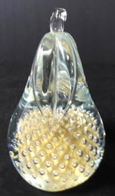 Art Glass Pear Controlled Bubble paperweight with gold interior