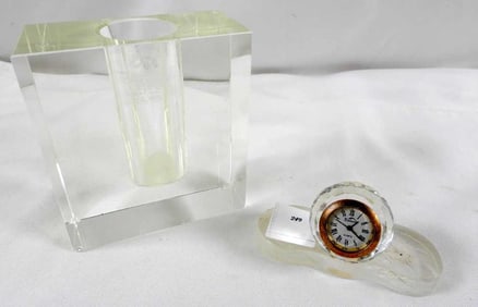 LOT OF 2 : Mid Century Vintage Crystal Tizo Glass Vase/Paper Weight and Glass Ball Clock