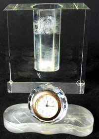LOT OF 2 : Mid Century Vintage Crystal Tizo Glass Vase/Paper Weight and Glass Ball Clock