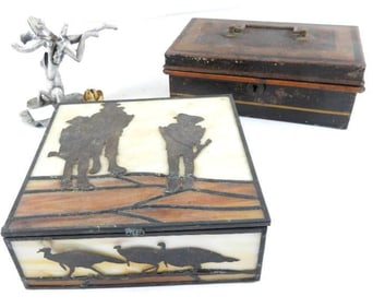 LOT OF 3: Vintage pewter frog figurine, metal box of keys, stain glass trinket box