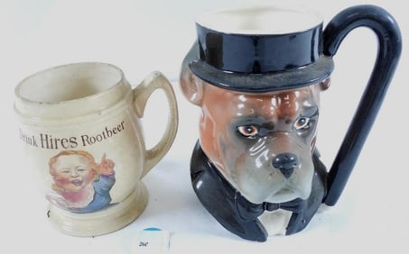 LOT OF 2: Vintage Quon  Boxer Dog in Tuxedo Figural Toby Mug and Vintage Hires Root Beer Mug