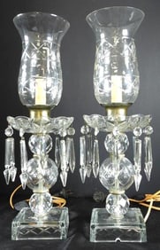Pair of vintage etched glass hurricane-style electric lamps