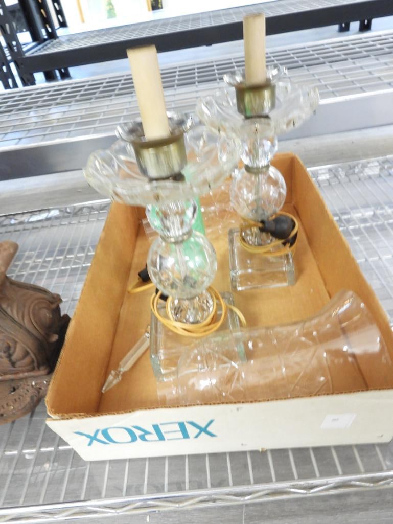 Pair of vintage etched glass hurricane-style electric lamps: Pair of vintage etched glass hurricane-style electric lamps, 17.75"T x 5.75"W bases