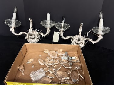 Shonbeck Pair of Silver tone 2 arm crystal lighted Wall Sconces matches lot 206