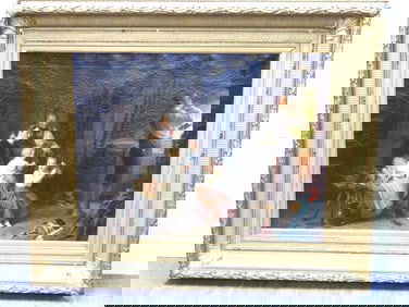 Felix Schlesinger Germany (1833-1910) Signed Original Oil on Board Family Gathering LARGE PAINTING