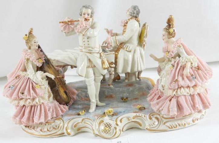 ANTIQUE DRESDEN LACE figurine with piano player, cellist and: ANTIQUE DRESDEN LACE figurine with piano player and dancers, 12" long, 7.5" tall and 8" wide