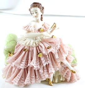 ANTIQUE DRESDEN LACE figurine with woman sitting on sofa