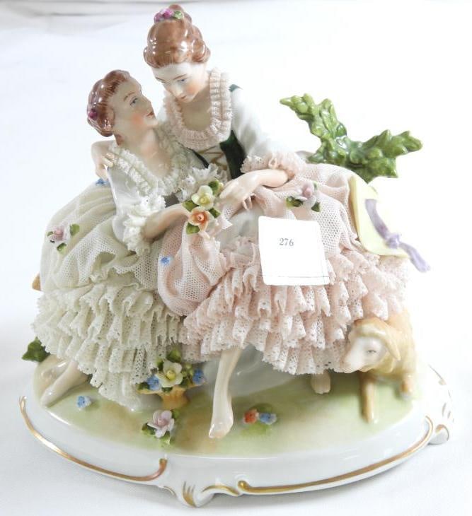 ANTIQUE DRESDEN LACE figurine with woman and girl sitting on bench with goat: ANTIQUE DRESDEN LACE figurine with woman and girl sitting on bench with goat, 7.5" long, 7" tall, and 4.5" wide