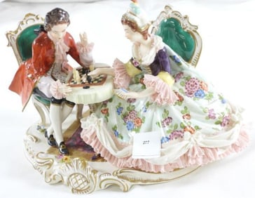 ANTIQUE DRESDEN LACE figurine with man and woman sitting and playing chess