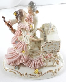 ANTIQUE DRESDEN LACE figurine with woman playing piano and man holding violin