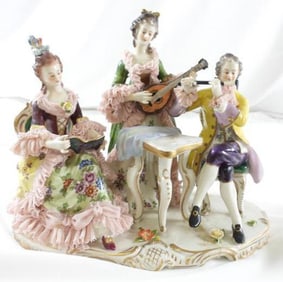 ANTIQUE DRESDEN LACE figurine with woman singer, woman playing instrument and man sitting with