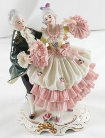 ANTIQUE DRESDEN LACE figurine with man and woman dancing , 5" long, 8" tall and 6" wide